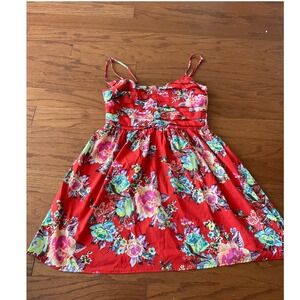 Roxy Red Floral Print Smocked Sundress Spaghetti Strap‎ Mini Dress M